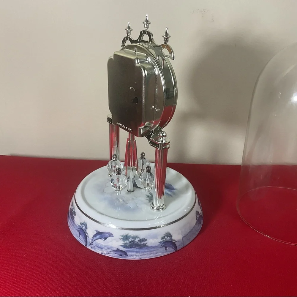 Waltham Dolphin Anniversary Clock Under Glass Dome Spinning Pendulum Working